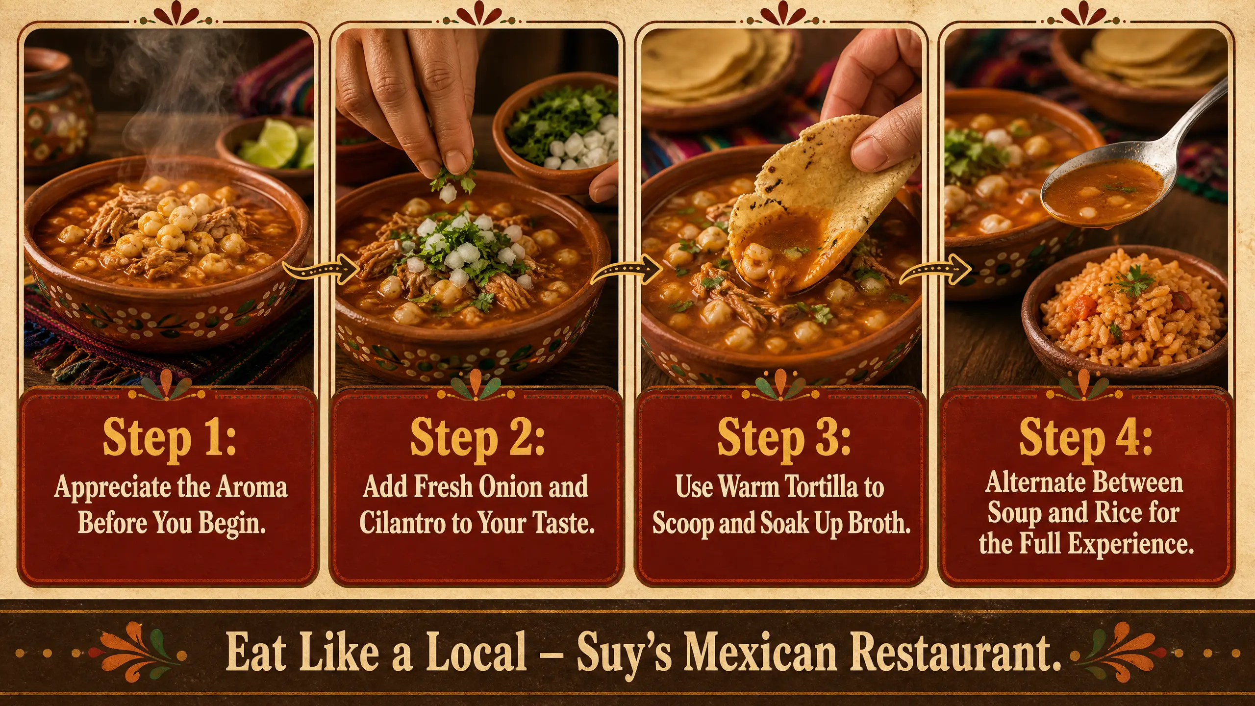 Between Soup and Rice for the Full Experience." Footer text: "Eat Like a Local – Suy's Mexican Restaurant."
