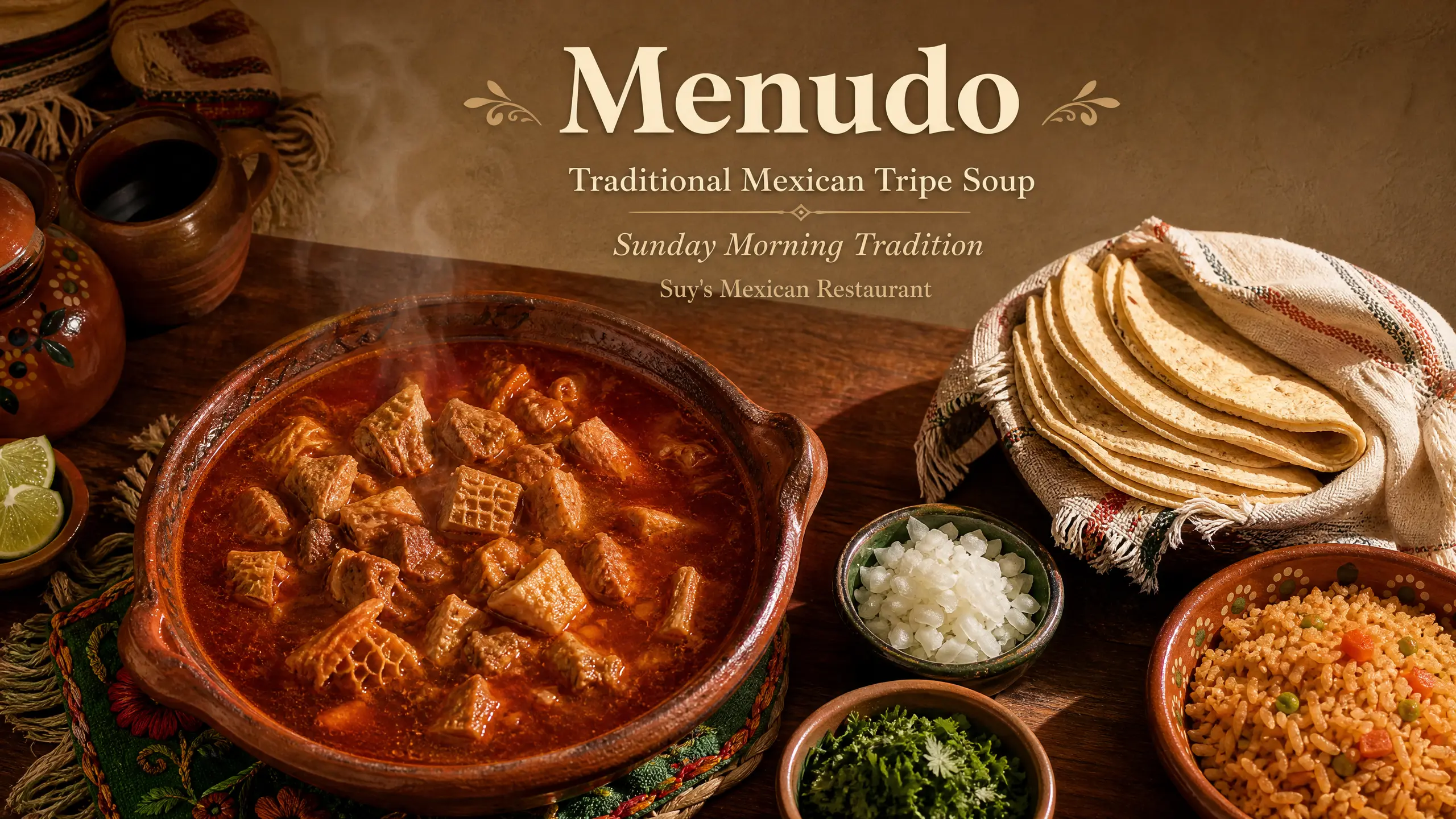 "Menudo – Traditional Mexican Tripe Soup – Sunday Morning Tradition – Suy's Mexican Restaurant."