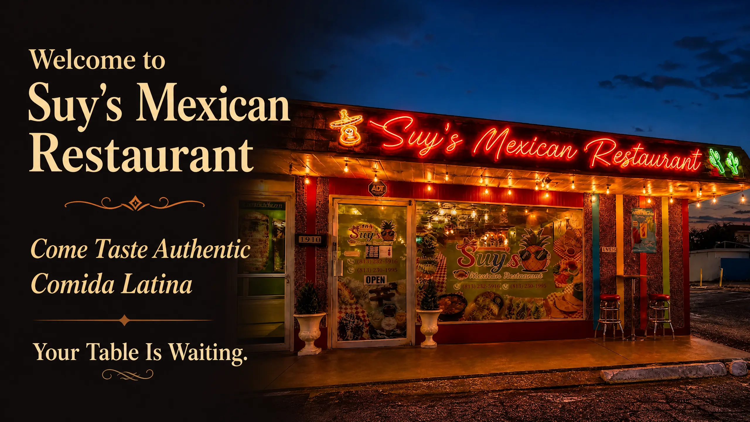 "Welcome to Suy's Mexican Restaurant – Come Taste Authentic Comida Latina – Your Table Is Waiting."